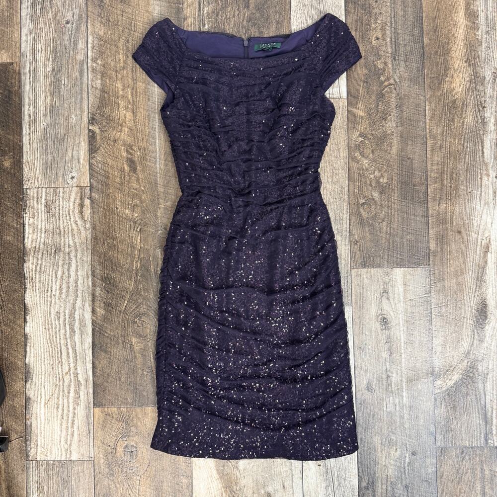 Lauren Ralph Lauren Purple Sequin Midi Dress Size 8 Off Shoulder Cocktail Formal